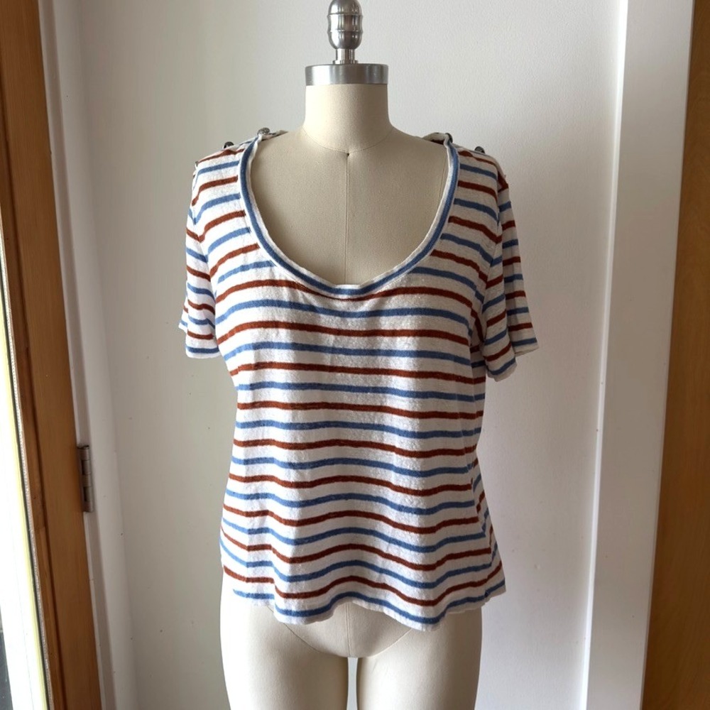 Veronica Beard Striped Short Sleeve Tee in White, Blue & Brown